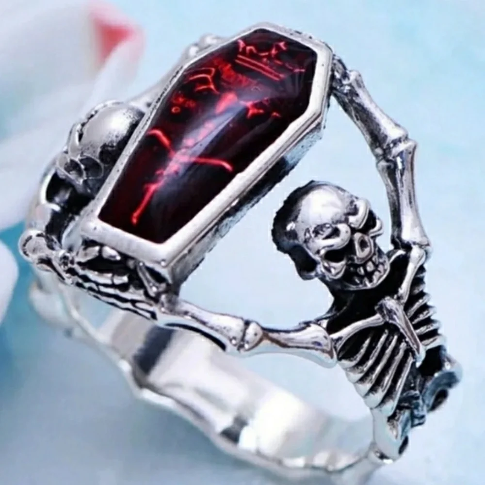 COPY -Red Coffin Vintage Silver color Ring Red fashion gothic Size 8